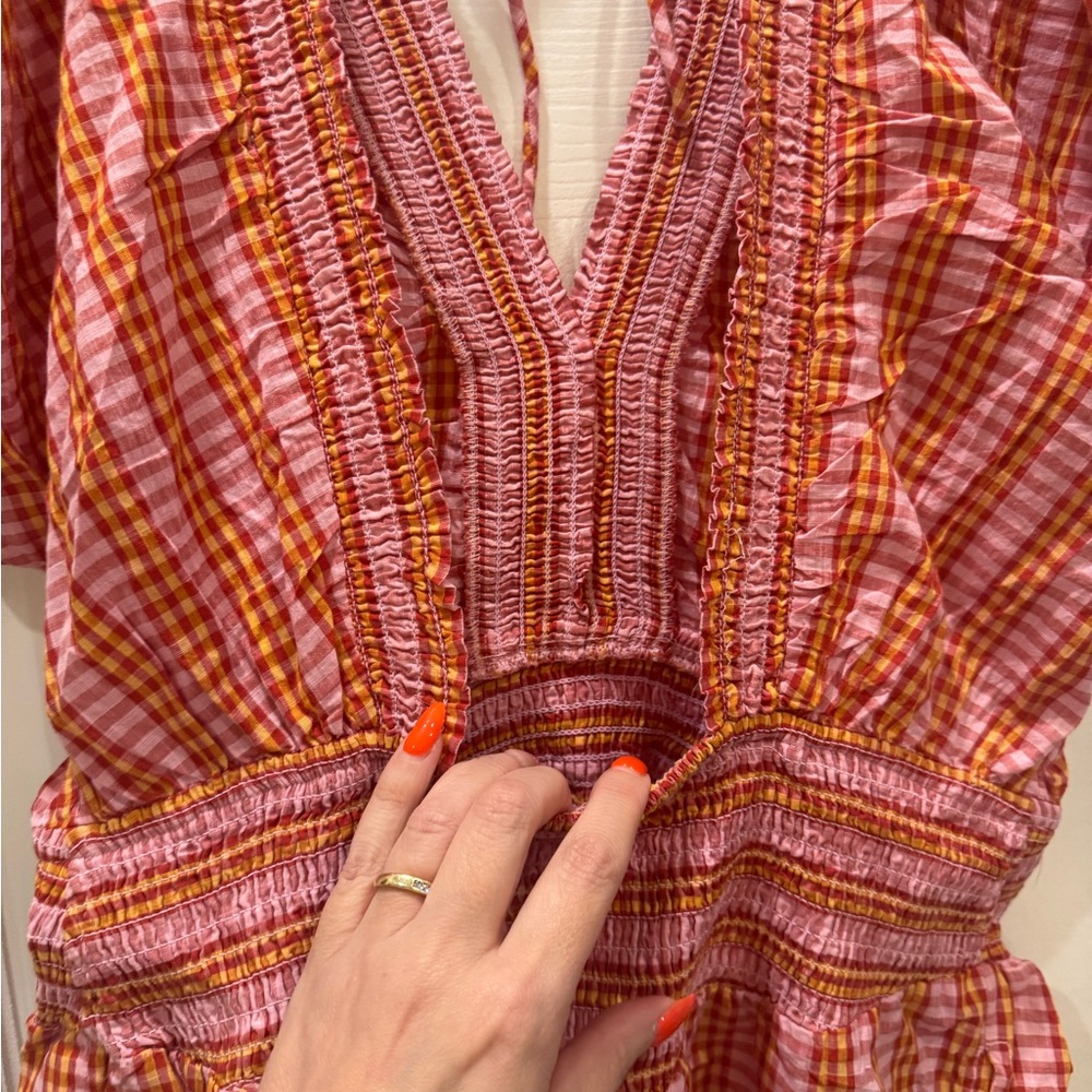 Anthropologie 100% Cotton Pink and Coral Gingham Smocked Romper - Picture 6 of 14